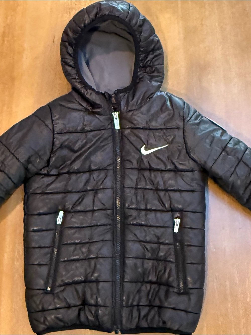 Nike Little Kids Hooded Puffer Jacket Glossy Black Coat Sz S 4-5 Years